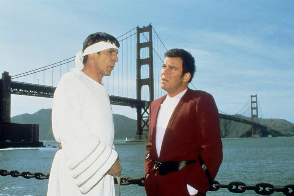 Still from Star Trek IV with William Shatner as Captain Kirk and Leonard Nimoy as Spock